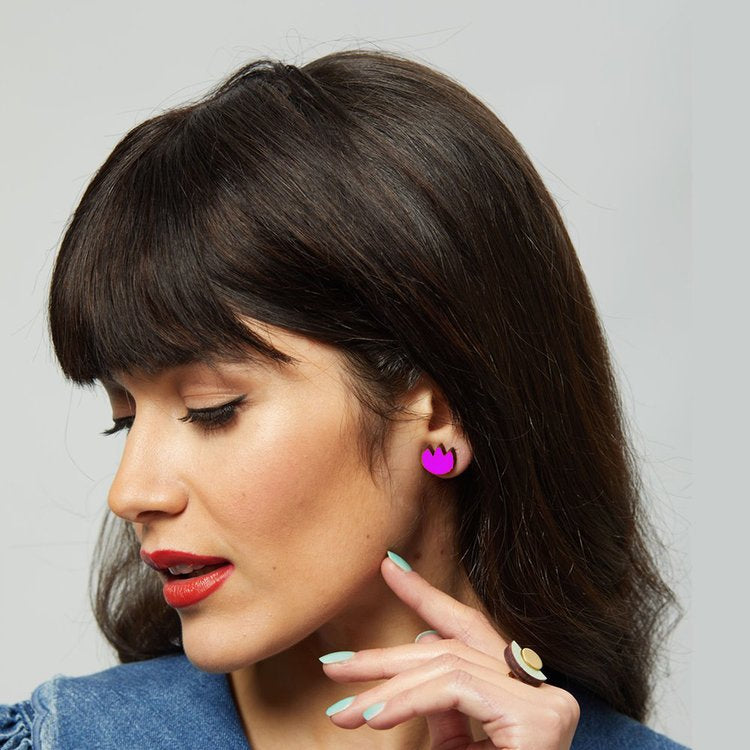 SHOCK OF GREY Tulip Hand-painted Wooden Studs in Hot pink